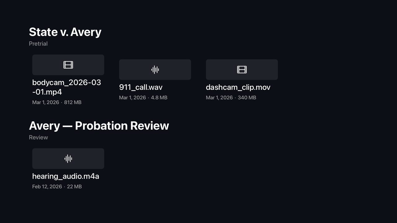Law Warfare on Apple TV — a case's recordings ready to play (fictional sample data)