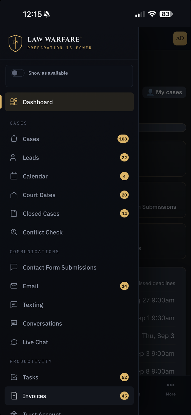 Law Warfare on iPhone — the practice menu with cases, calendar, court dates, texting and invoices